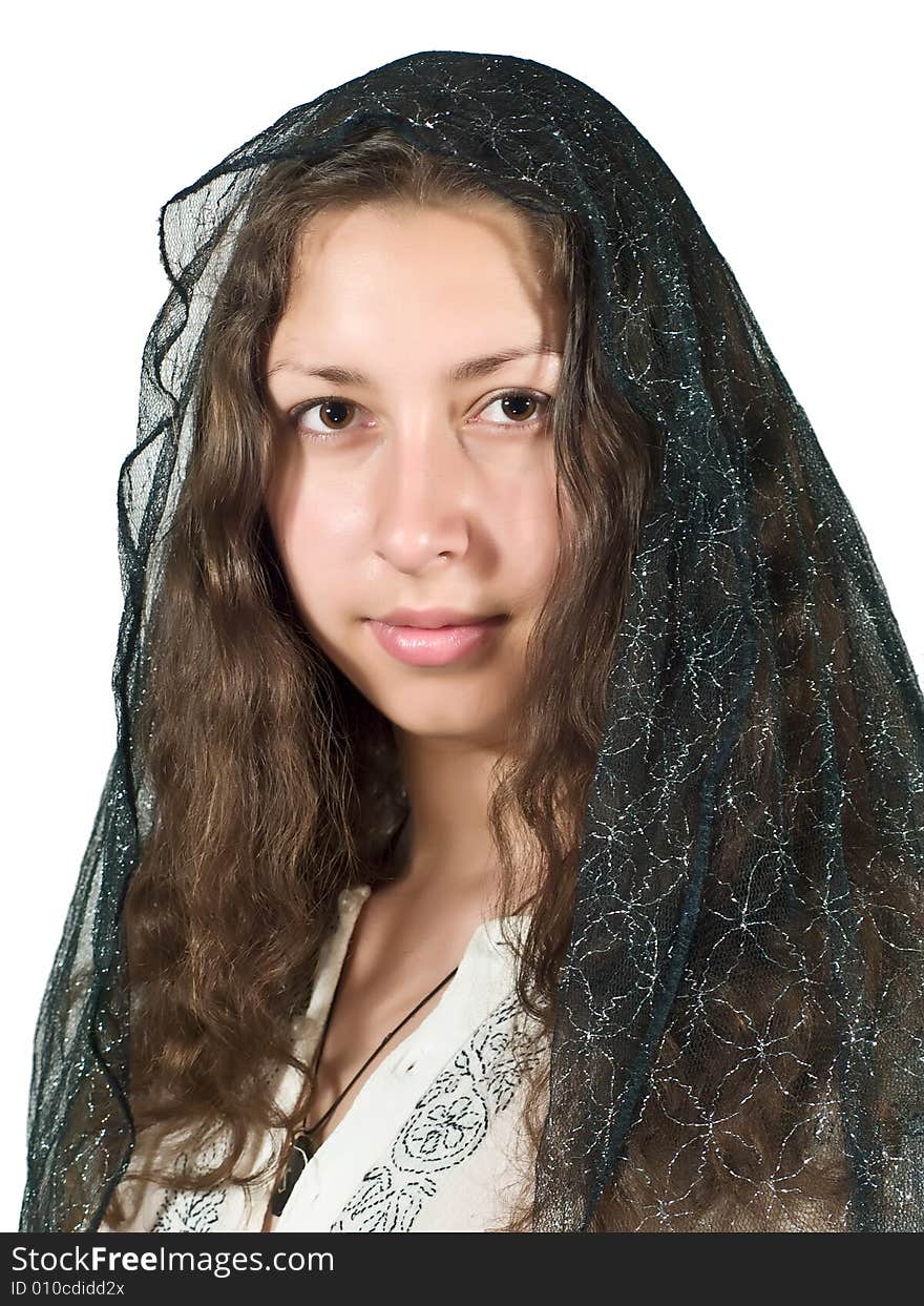 Portrait of pretty girl with the sheer scarf on the hair