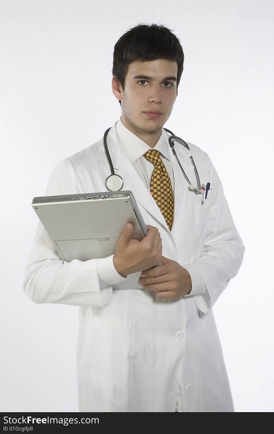 Young doctor with overall,stethoscope and portable