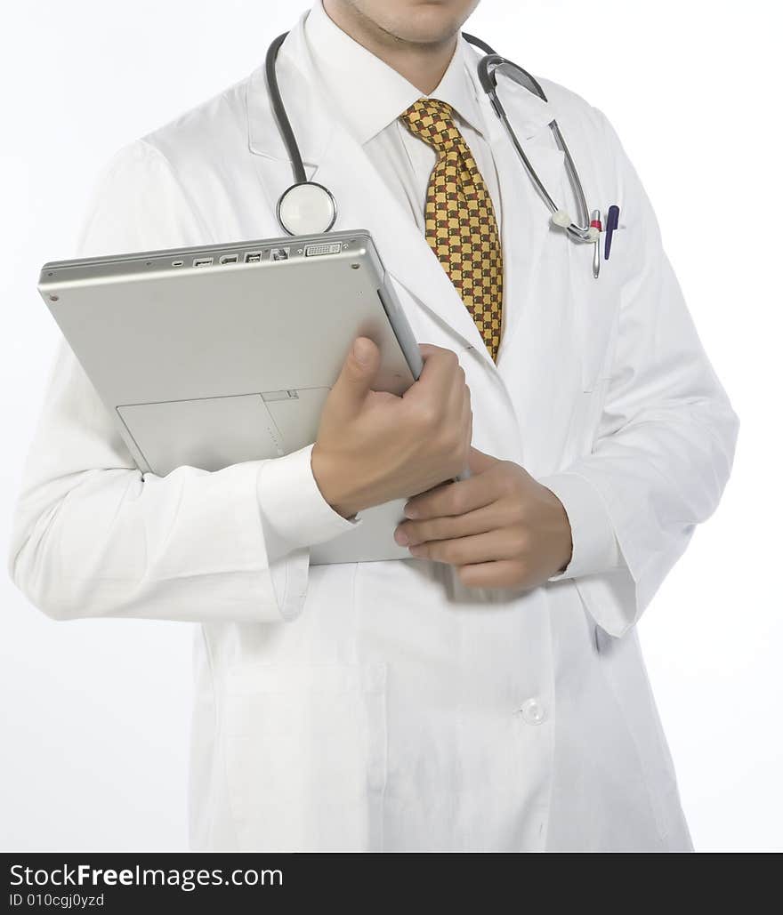 Doctor with overall,portable and stethoscope