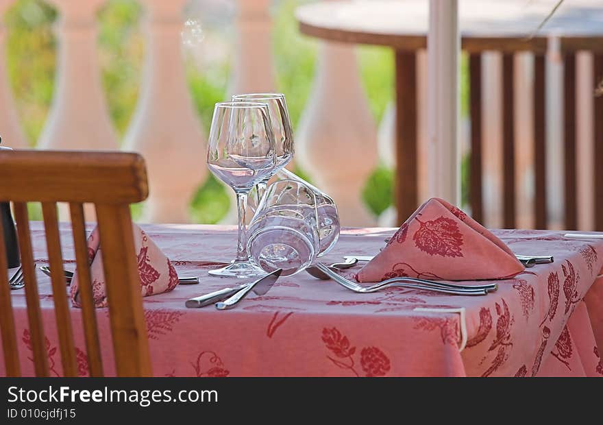 Restaurant Table On Sunny Terrace.