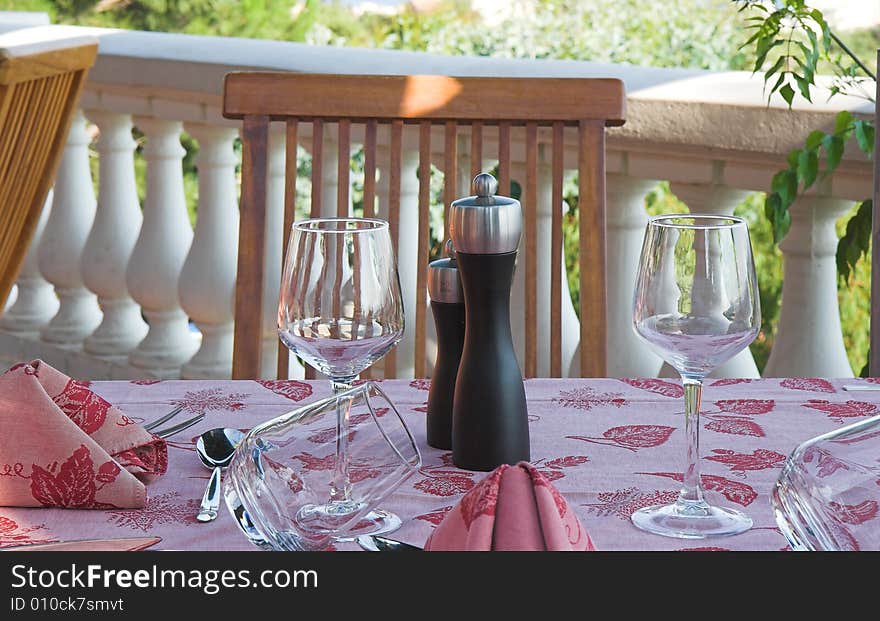 Restaurant Table On Sunny Terrace.