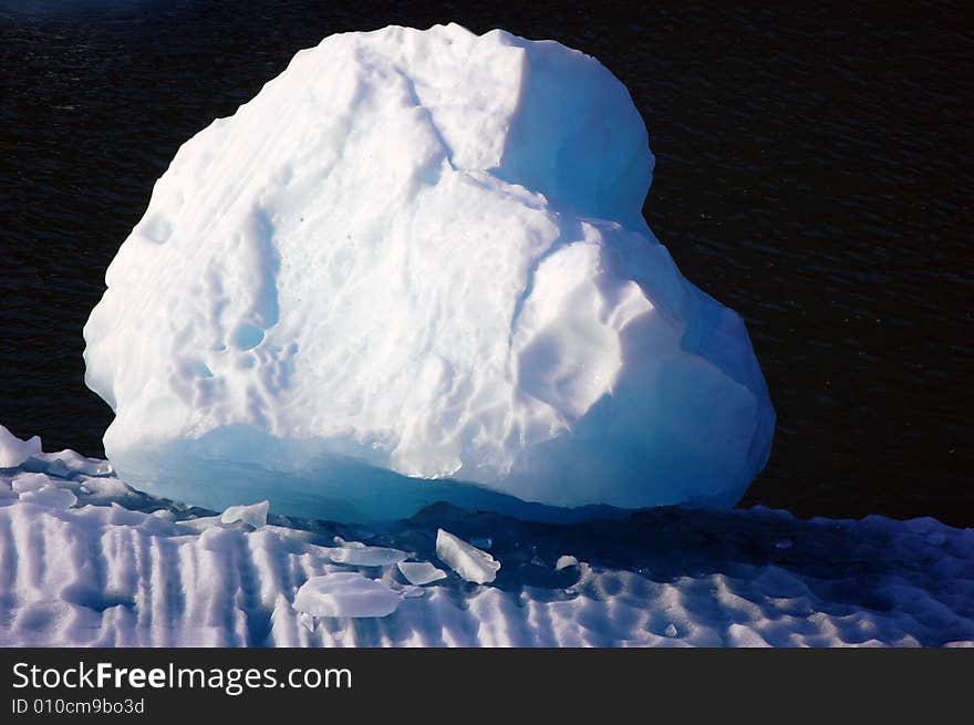 A piece of iceberg on top of a river bank in alaska