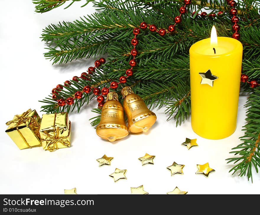 Still life with candle, decorations and needles. Christmas decoration. Still life with candle, decorations and needles. Christmas decoration