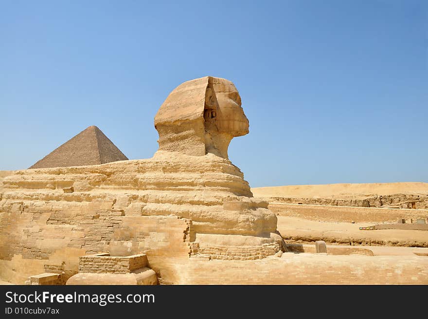 The Sphinx , Great Pyramid with copy-space taken in Giza ( Gizeh ) Egypt