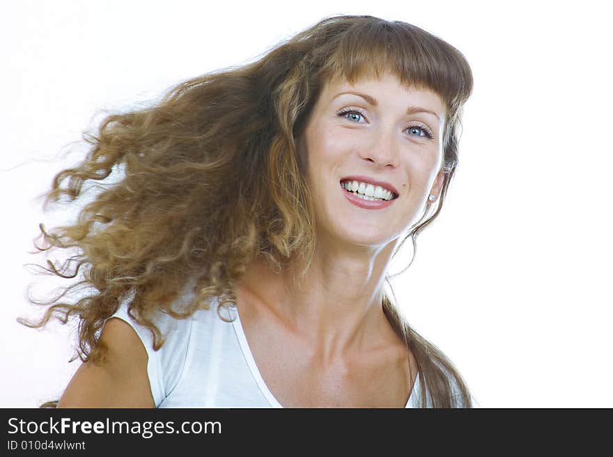 Stylish shot of nice young long hair woman on white back. Stylish shot of nice young long hair woman on white back