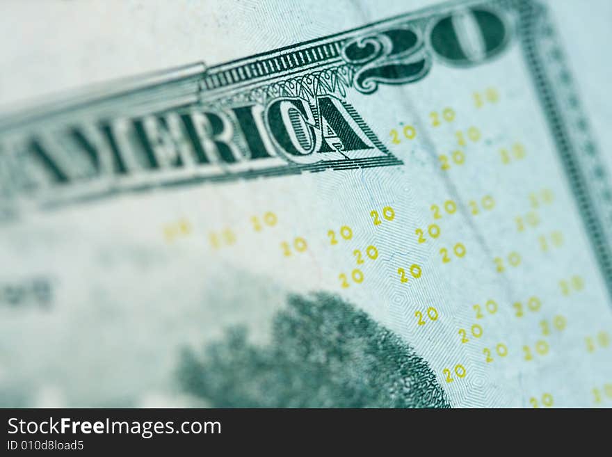 Macro background shot of back of US twenty dollar bill. Macro background shot of back of US twenty dollar bill.