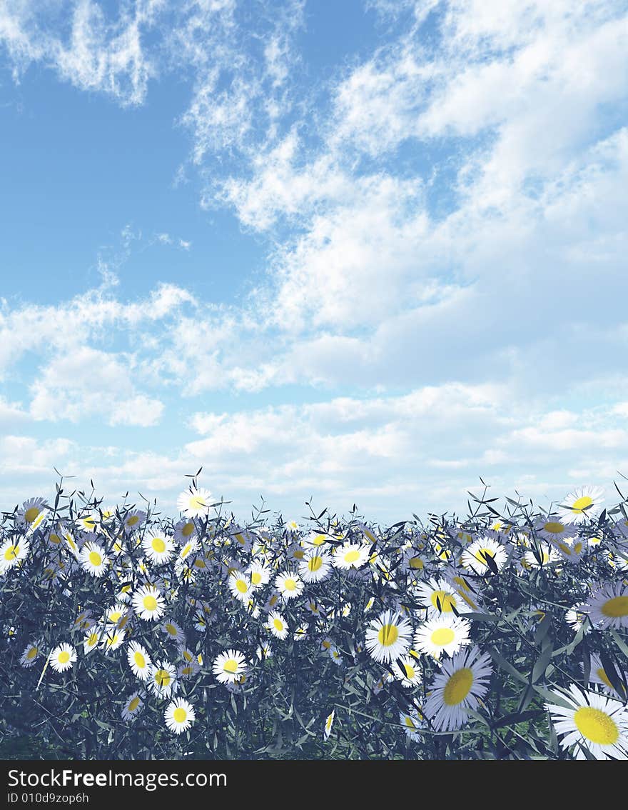 Beautiful field of  flowers. 3d image. Beautiful field of  flowers. 3d image