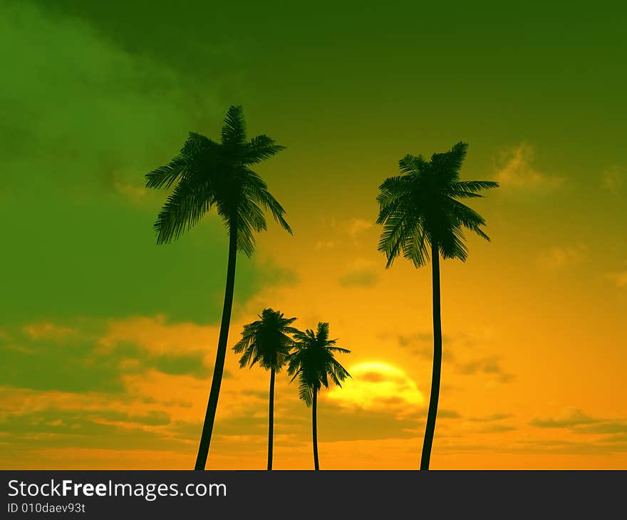 Beautiful sunset with palms.3d image