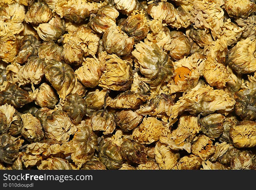 Chinese traditional medicine, dry chrysanthemum flower, macro 1:2