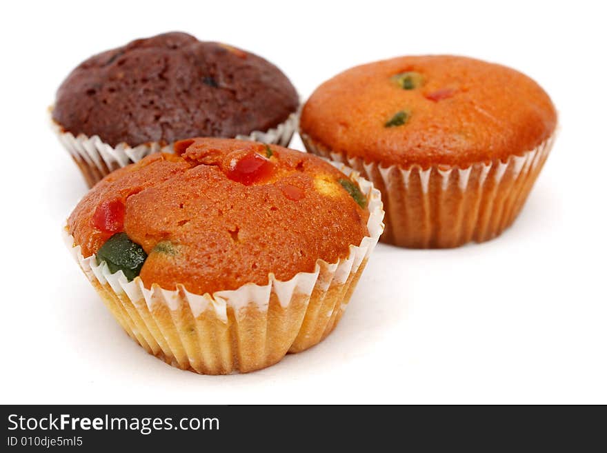 Close up of muffins on white background.