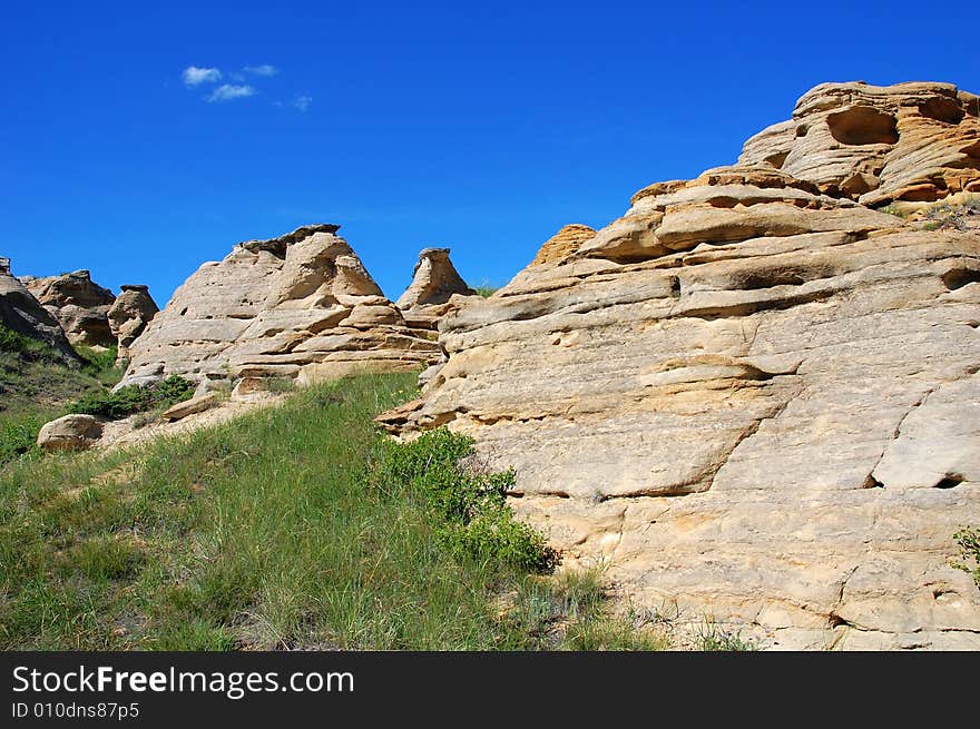 Hoodoos and sandstones in writing-on-stone provincial park, alberta, canada