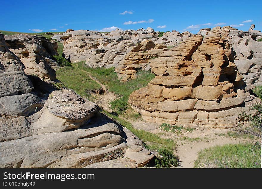 Hoodoos and sandstones in writing-on-stone provincial park, alberta, canada