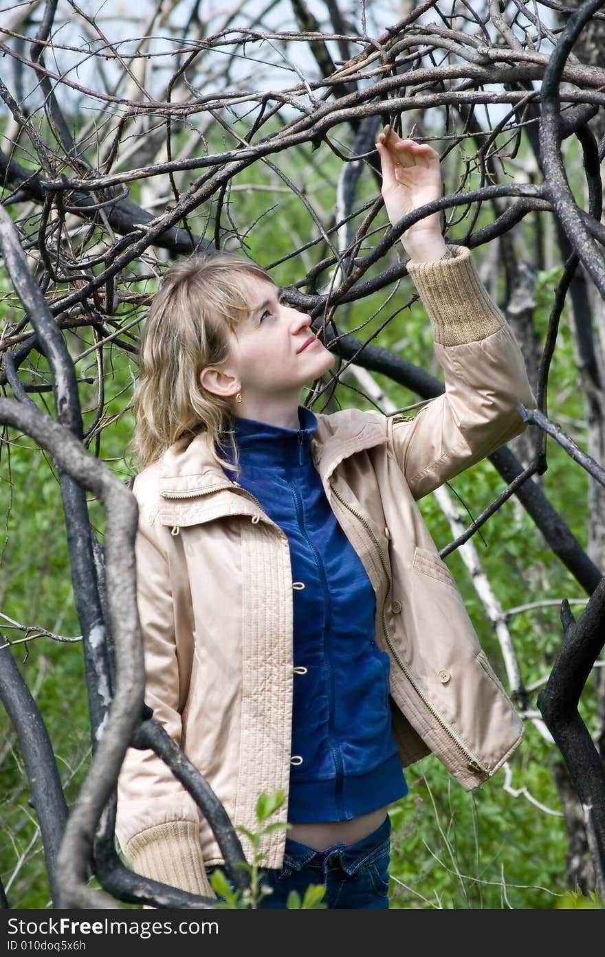 A view through the branches of a tree, focused on a pretty young teenage girl. A view through the branches of a tree, focused on a pretty young teenage girl