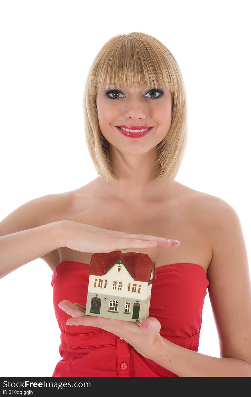 Business woman advertises real estate on white background