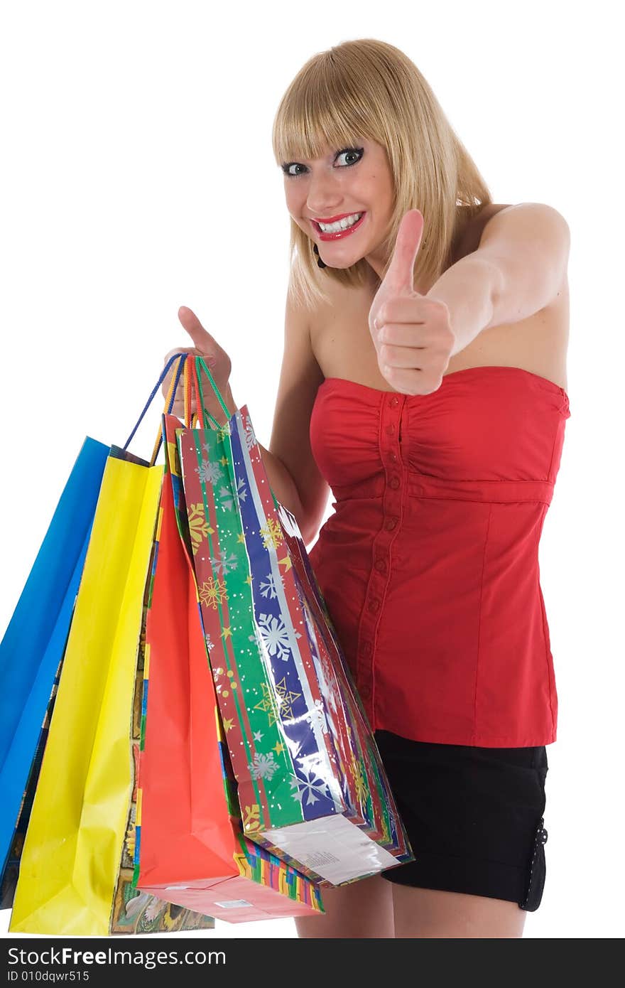 Expressive woman  on white background  shopping. Expressive woman  on white background  shopping