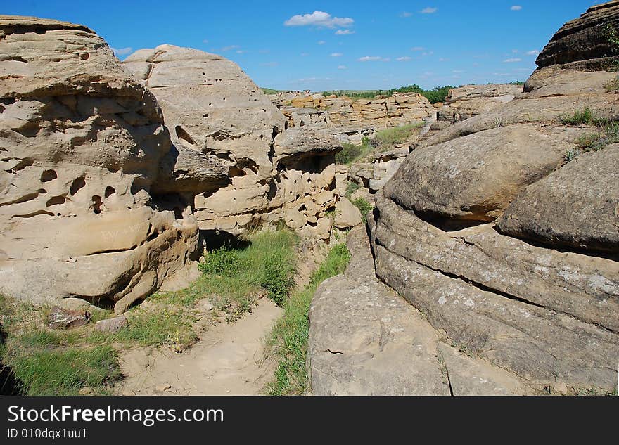 Hoodoos and sandstones in writing-on-stone provincial park, alberta, canada