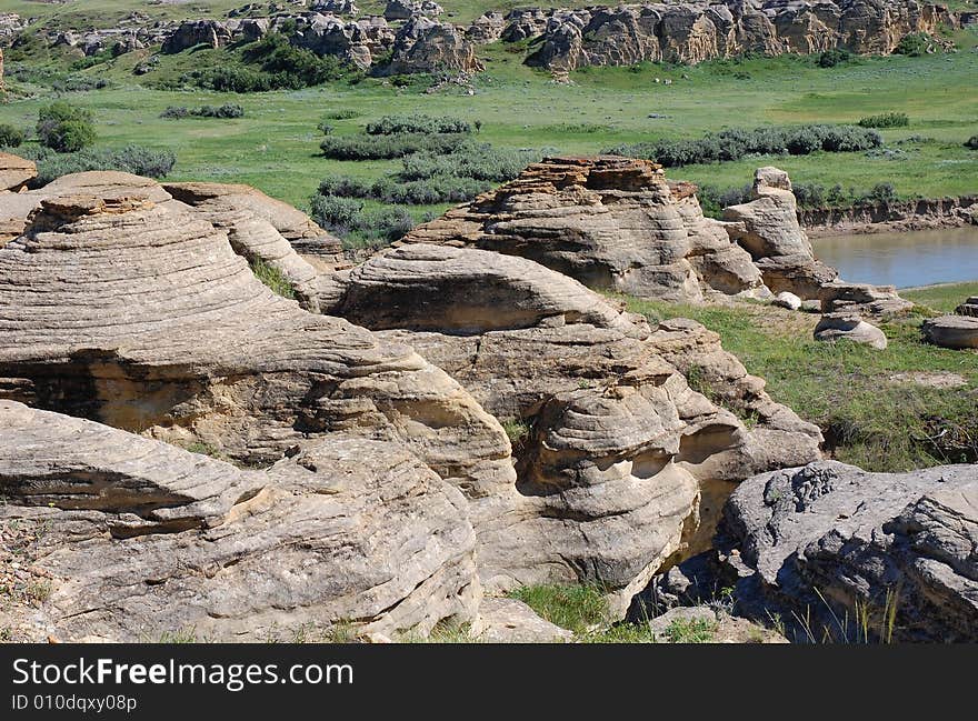 Hoodoos and sandstones in writing-on-stone provincial park, alberta, canada