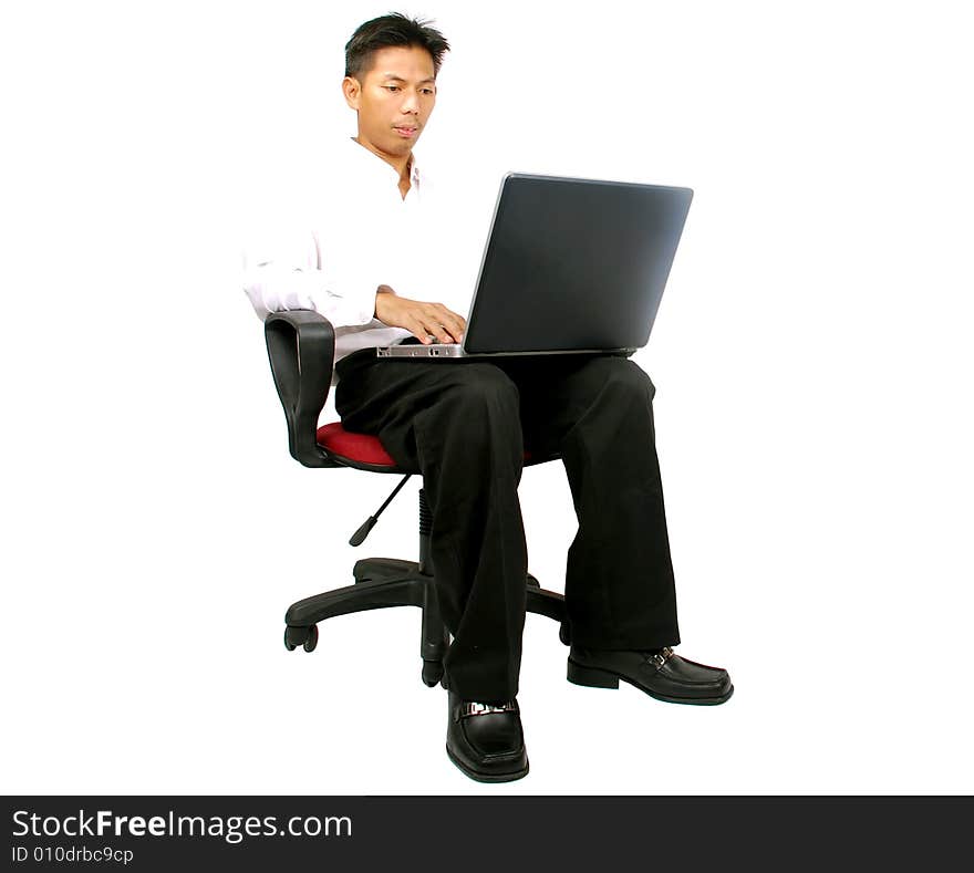 Men using a laptop over white background