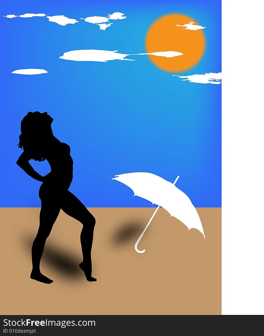 Girl on beach taking sun-bath. Vector