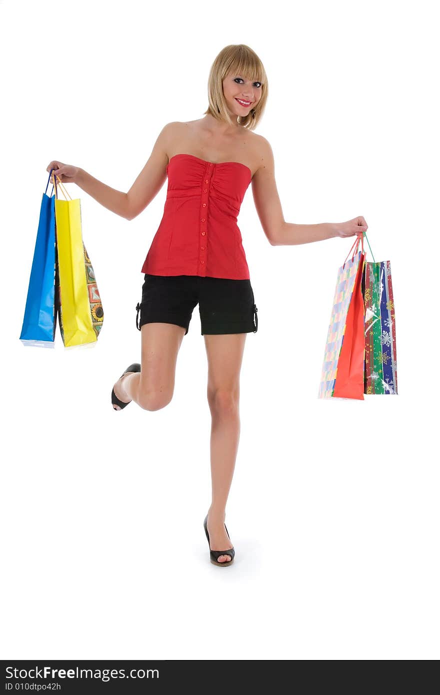 Expressive woman  on white background  shopping. Expressive woman  on white background  shopping