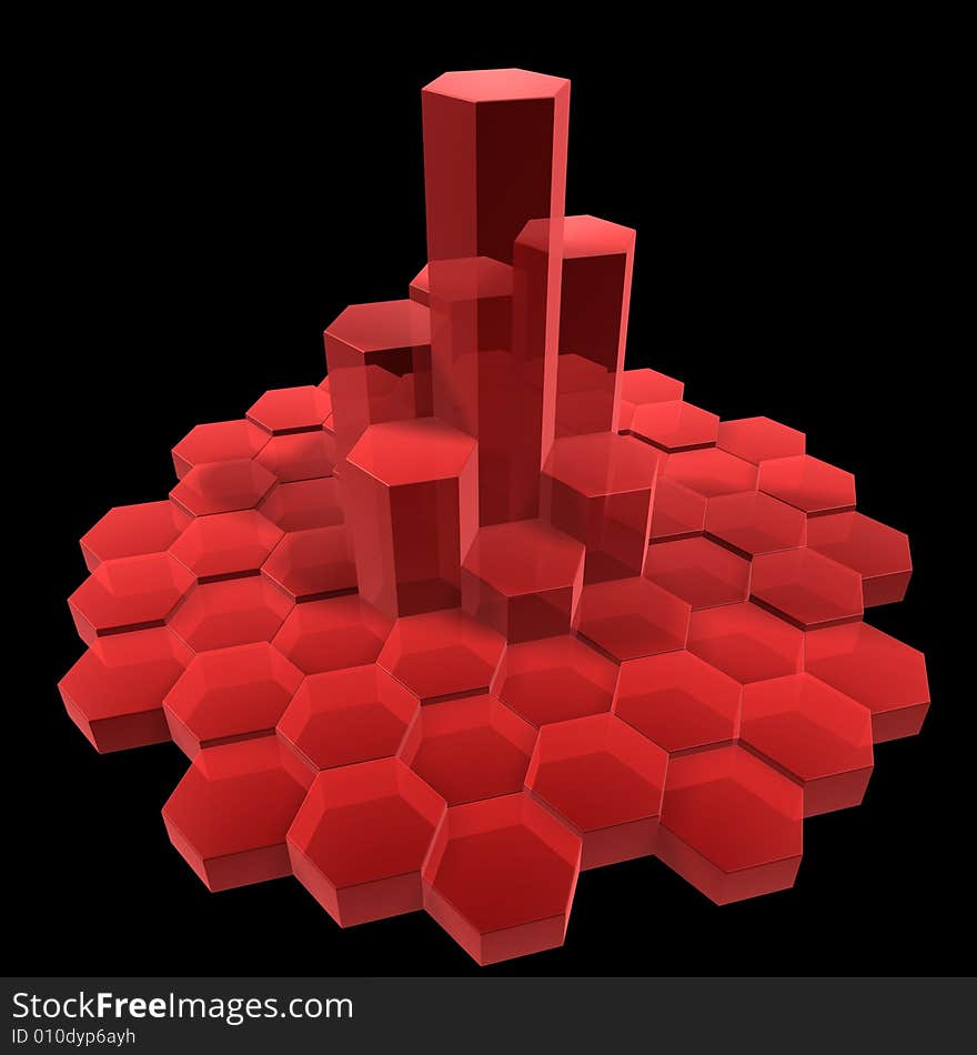 3d hexagon building isolated on dark background