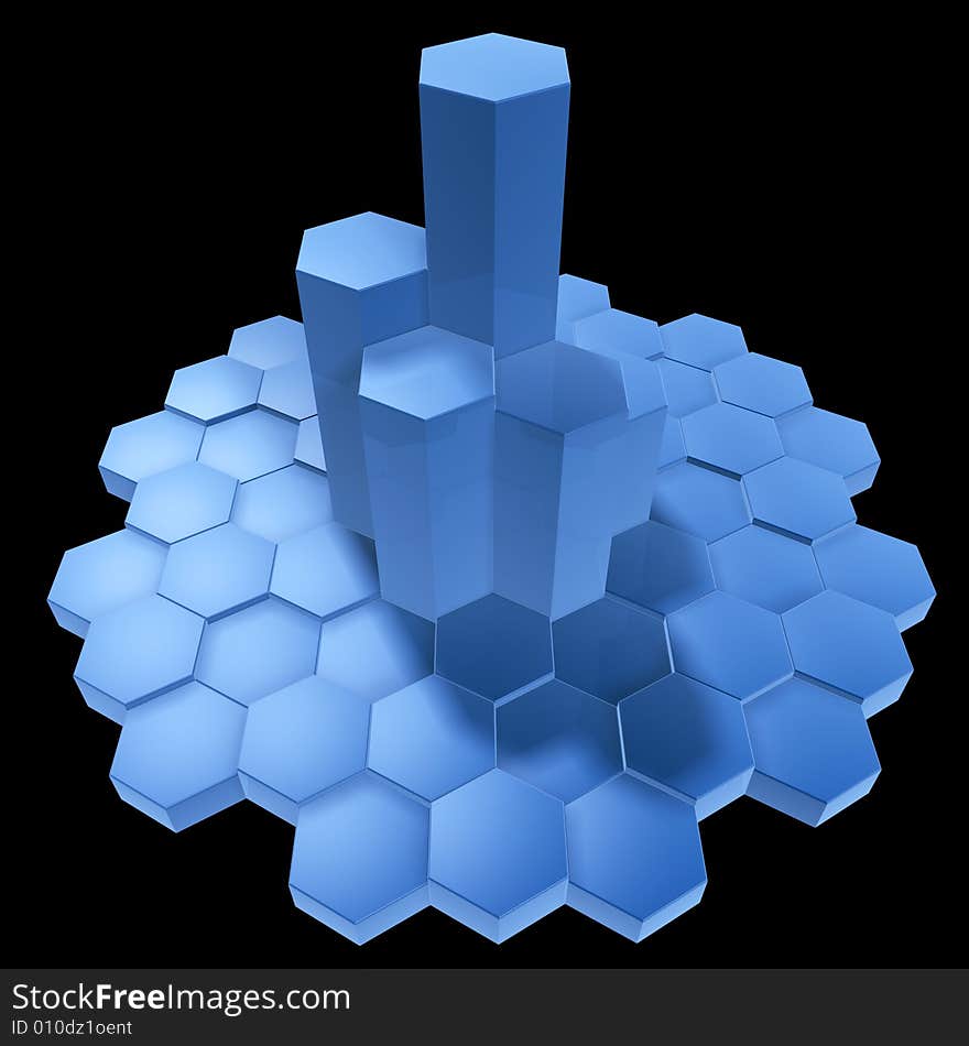 3d hexagon building isolated on dark background