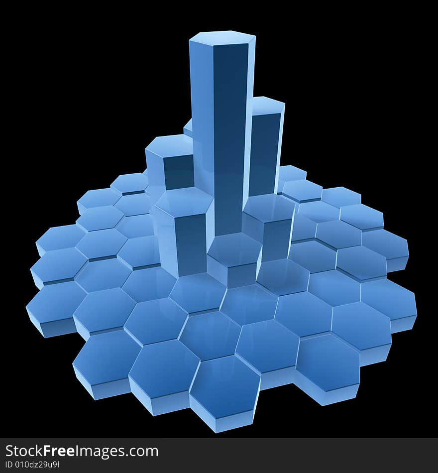 3d hexagon building isolated on dark background