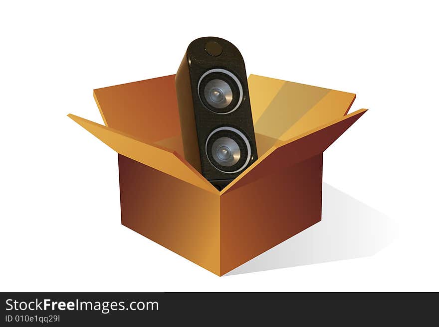 An open box with containing a desktop speaker. An open box with containing a desktop speaker