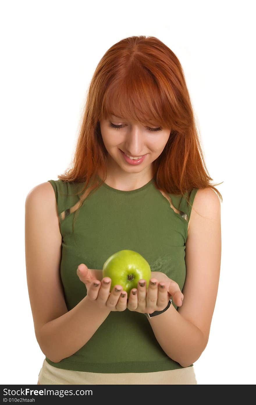 Beautiful red-haired with green apple, focus on face. Beautiful red-haired with green apple, focus on face