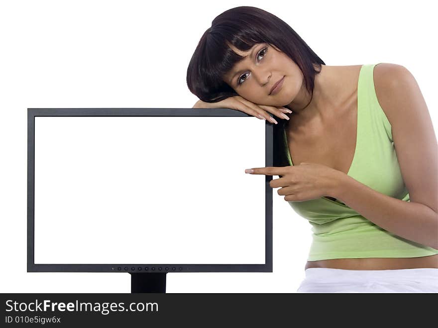 Atractive woman holding a blank sign (LCD) on a white background. Atractive woman holding a blank sign (LCD) on a white background