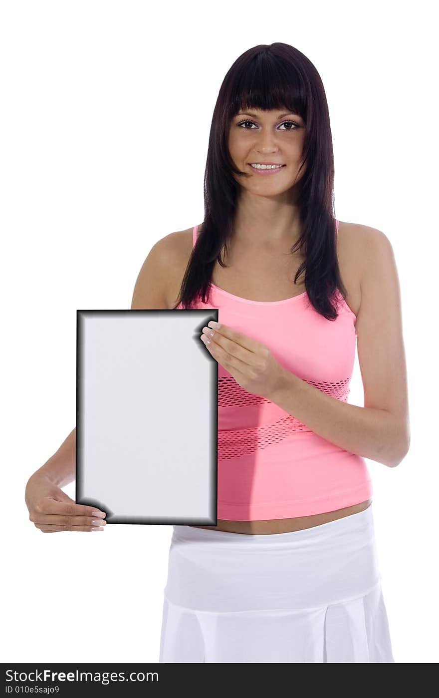 Atractive woman holding a blank sign on a white background. Atractive woman holding a blank sign on a white background