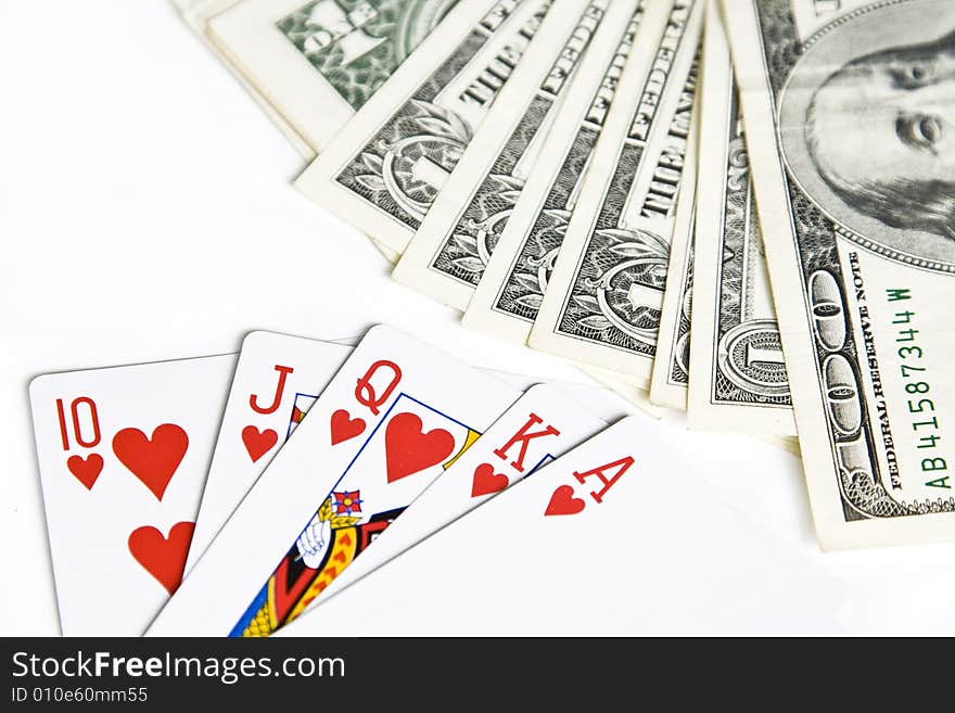 Royal flush and dollar banknotes. Royal flush and dollar banknotes