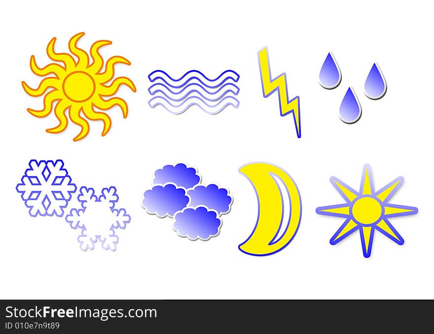 There are 8 different weather icons. Sun, moon, rain, sea, lightning, clouds, snow, star. Naturally you can combine them to make new icons. There are 8 different weather icons. Sun, moon, rain, sea, lightning, clouds, snow, star. Naturally you can combine them to make new icons.