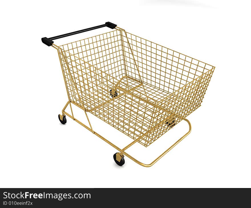 Photorealistic golden 3D shopping cart isolated on white background.