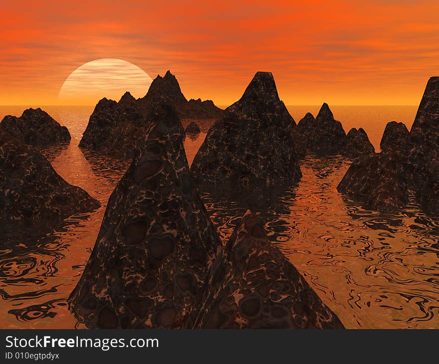 An abstract 3d rendering of a sunset over a rocky coastline. An abstract 3d rendering of a sunset over a rocky coastline