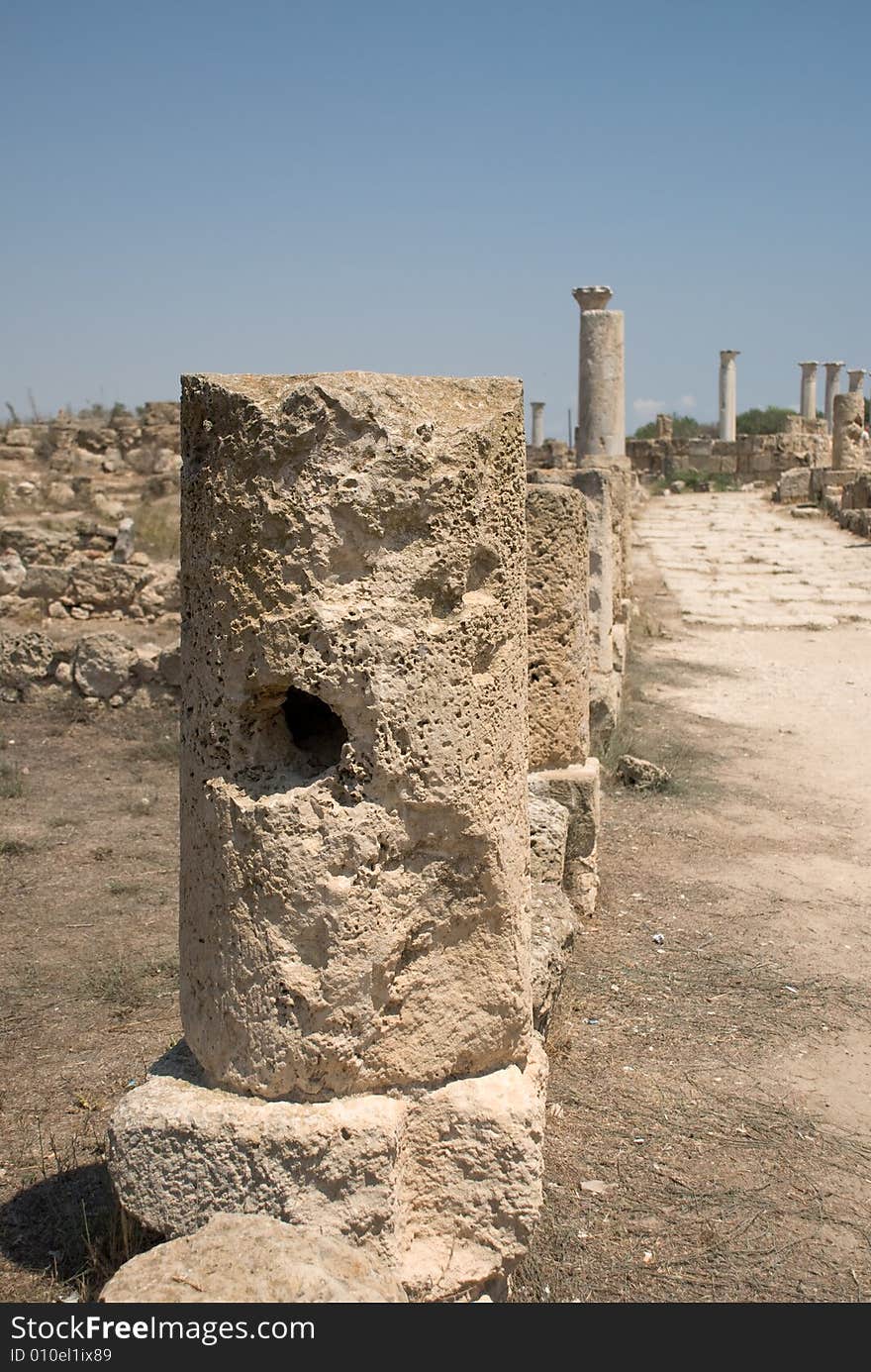 Antiquities ruins of column in ancient cyprus