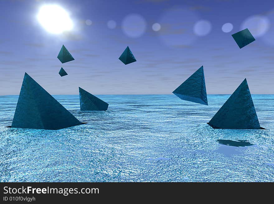 Some pyramids in open sea scene