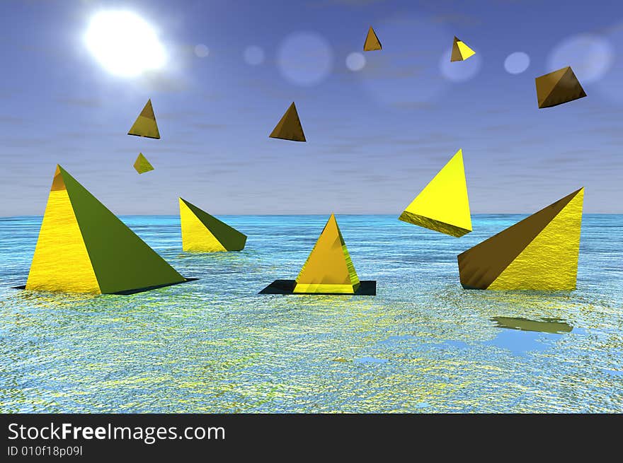 Some yellow pyramids in open sea scene