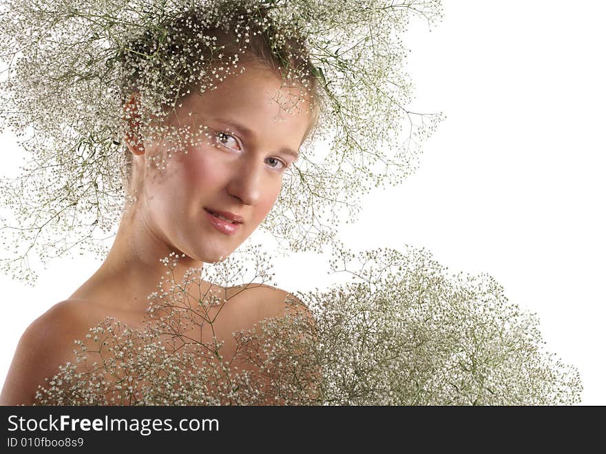 Nice young girl with wreath on her headisolated over white. Copy-paste place