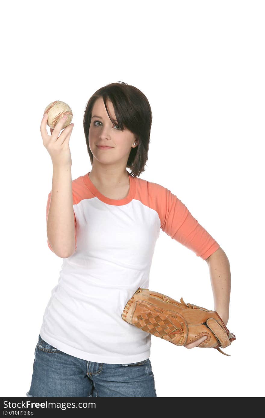 Cute teen holding softball and glove. Cute teen holding softball and glove