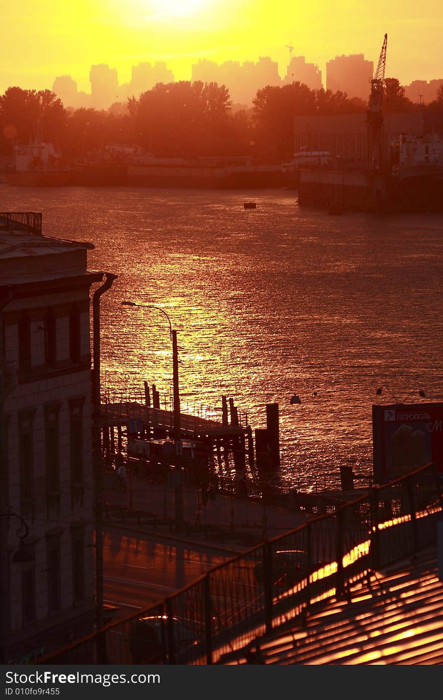 River, town, sunset