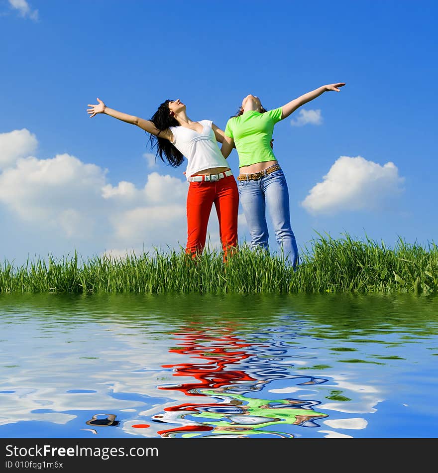 Two happy women dreams to fly