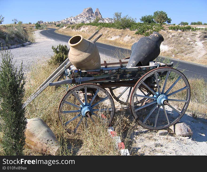 Wagon in the ancient region of Galatia, where the people of Cappadocia have loved in hoodoo houses for over 2000 years - in central Turkey. Wagon in the ancient region of Galatia, where the people of Cappadocia have loved in hoodoo houses for over 2000 years - in central Turkey.