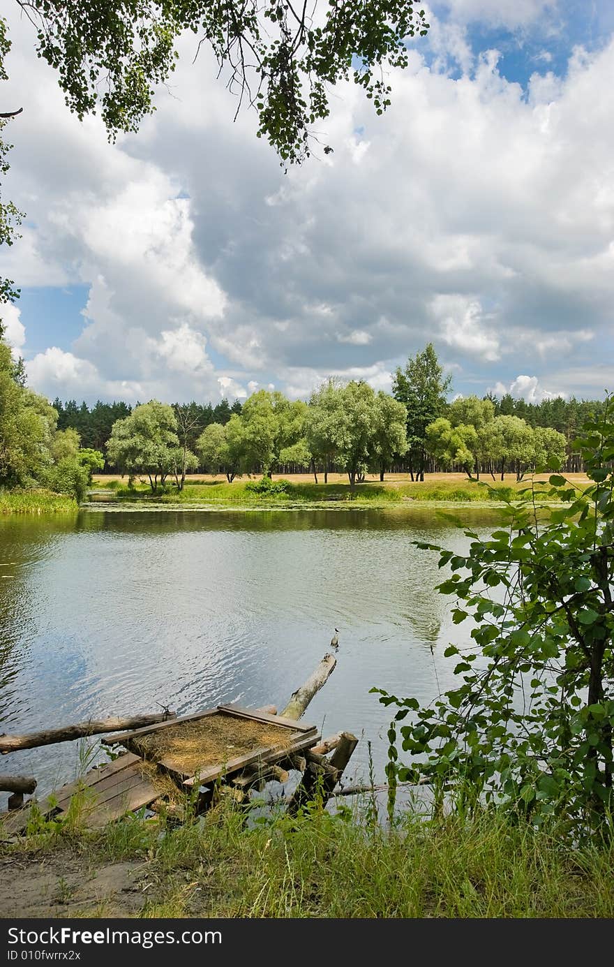 River in Ukraine, footbridge in the foreground