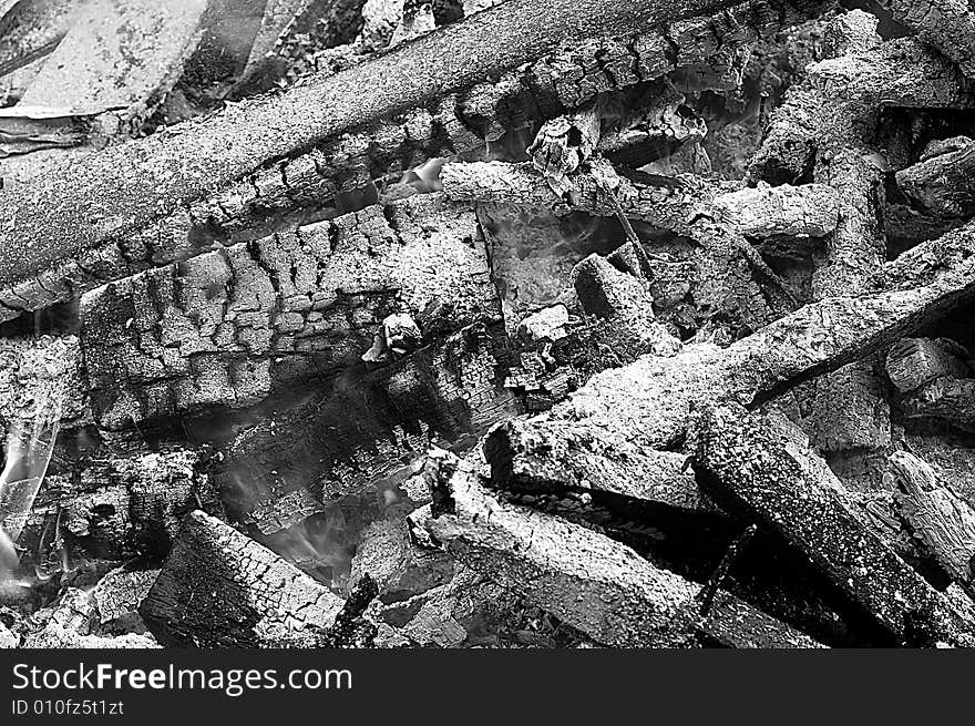 Black and white photo of burning wood