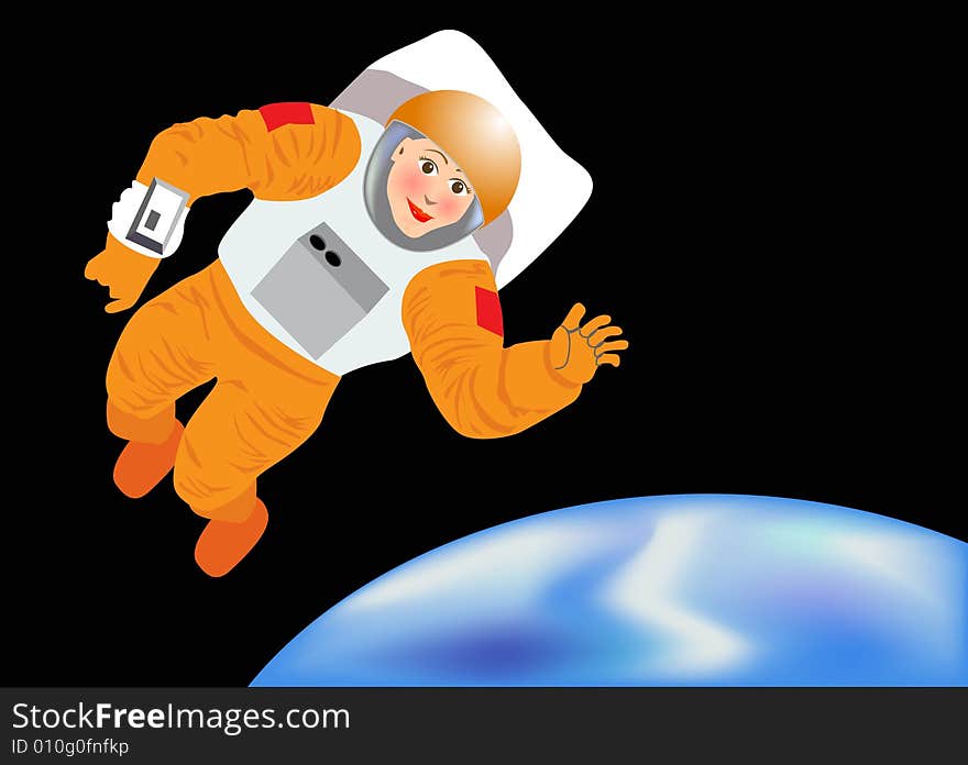 Vector illustration for a female astronauts wave her hands to send her regards. Vector illustration for a female astronauts wave her hands to send her regards.