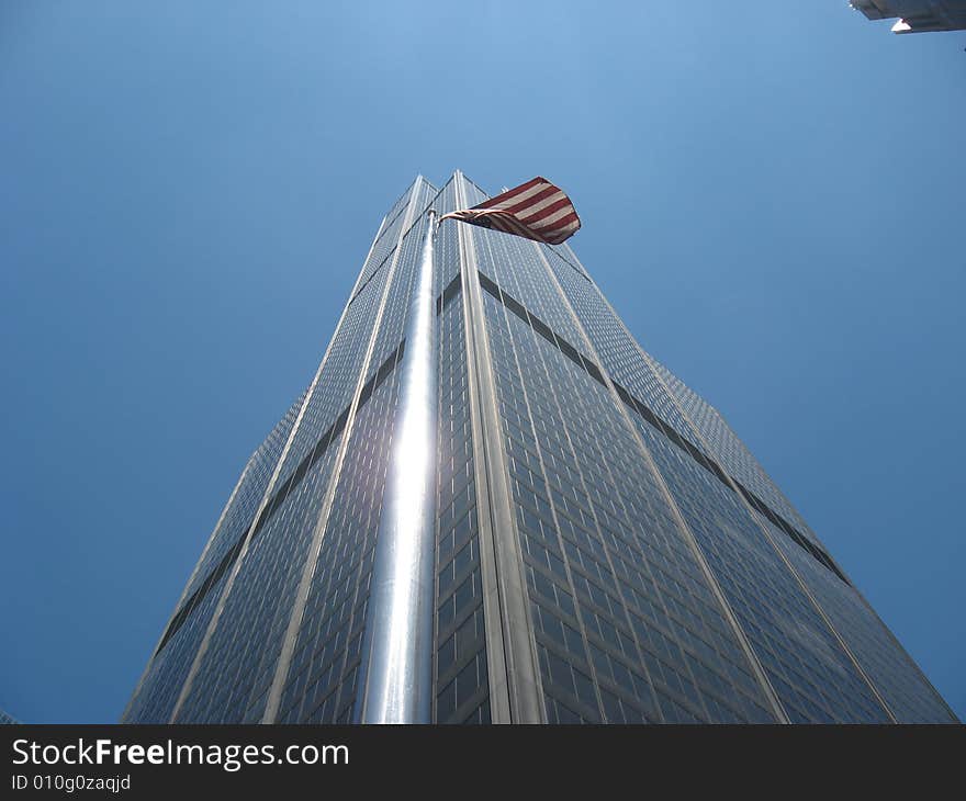 A Tower shot along with the american flag