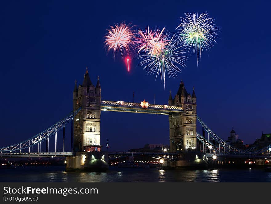 The London Tower Bridge with a firework illustration