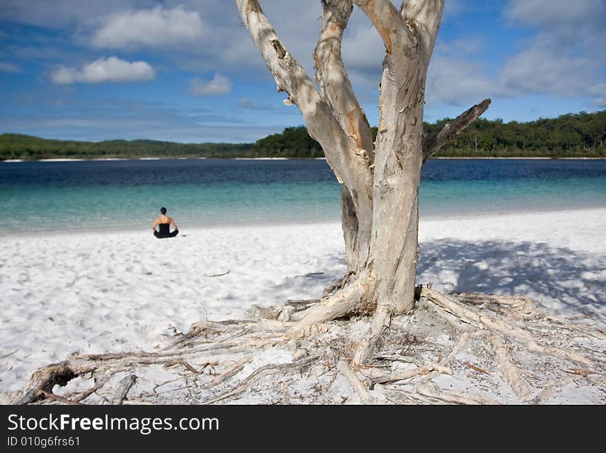 Young girl is meditating by the side of the tranquil lake. Young girl is meditating by the side of the tranquil lake