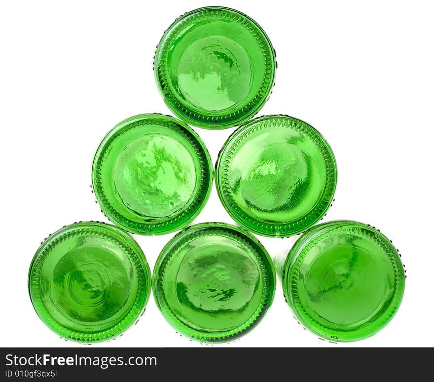 Background from empty green beer bottles